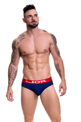Navy blue jor soft bikini thong underwear with red waistband featuring jor logo and star emblem size s