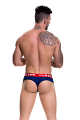 Navy blue jor soft bikini thong underwear with red waistband and star logo design size s shown from front view