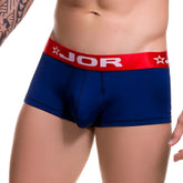 Blue jor soft boxer underwear size l in navy blue with red waistband featuring white stars and lettering