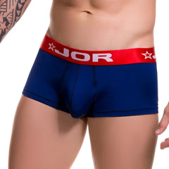 Blue jor soft boxer underwear size l in navy blue with red waistband featuring white stars and lettering