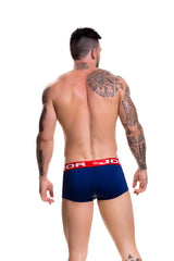 Navy blue Jor SOFT boxer underwear with red waistband and star logo design in size L front view
