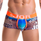 Orange and blue desert-themed men’s boxer briefs with bold jor logo waistband jor tatacoa boxer underwear size s