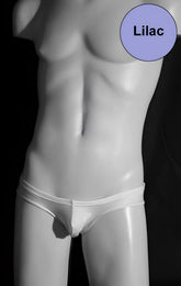 Lilac-colored glossy latex briefs displayed on a mannequin part of JP-Beach classic mini lycra bikini swimwear size XL