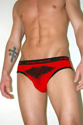 Red and black js dirty industry low cut no show seamless men’s briefs featuring eagle skull graphic size m
