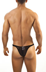 Black lace thong joe snyder capri mesh with decorative silver emblem at the center