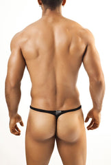 Back view of black joe snyder rio thong mesh featuring a small metallic logo on the elastic waistband