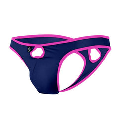 Joe Snyder Holes thong outlet navy blue and pink cutout swim trunks with sleek modern design front view