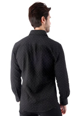 Black JUROX l/s shirt with subtle textured weave and small white polka dots on long sleeves and button-up front