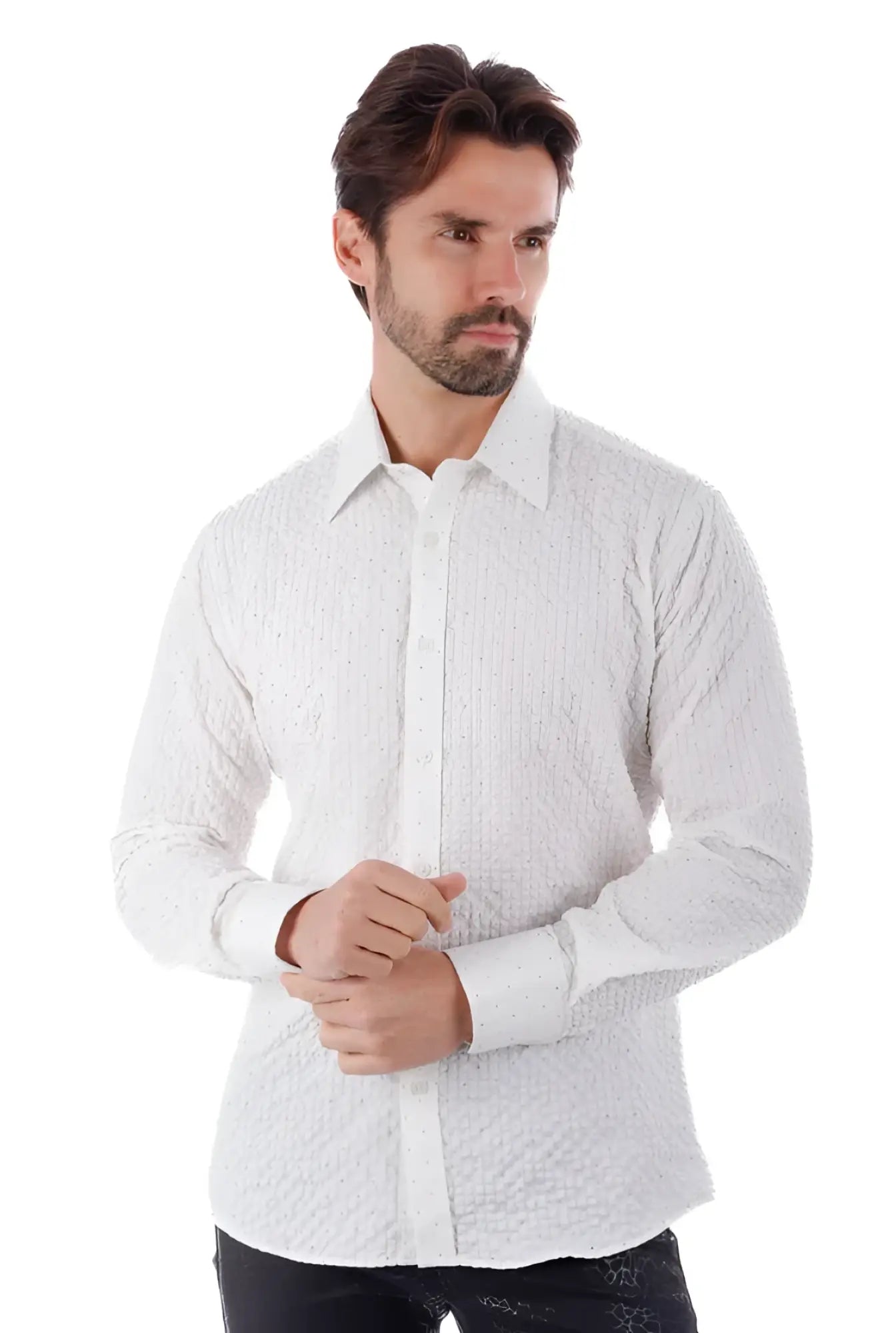 White textured long-sleeve button-down shirt with subtle vertical ribbing from jurox l s shirt collection