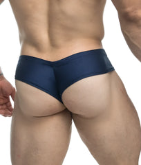 Navy blue satin briefs from justin + simon cheek showing smooth fabric and comfortable fit