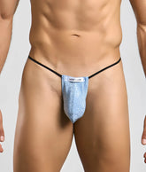 Justin + Simon classic g-string bulge in shimmering light blue glitter with black elastic straps and white label