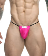 Vibrant pink satin Justin + Simon classic g-string bulge thong with black elastic waistband and white brand label visible