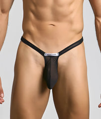 Black sheer mesh thong with a silver justin simon label at center from the Justin plus Simon Bulge Thong Mesh collection