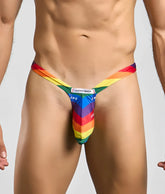Rainbow-striped bulge thong by justin + simon showing the back side in vibrant rainbow colors with sleek design