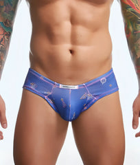 Blue justin and simon men’s briefs with a playful scientific icon and star pattern in pink white and yellow