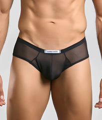 Black sheer mesh briefs with solid black waistband and white justin + simon label from cheek mesh collection