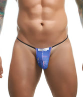 Blue Justin Simon classic g-string thong with black elastic waistband and pink flamingo fun print design