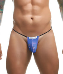 Blue Justin Simon classic g-string thong with black elastic waistband and pink flamingo fun print design