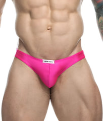 Bright pink sleek satin briefs with justin simon white label at waistband from justin simon classic mens bikini