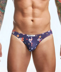 Dark blue mens briefs with vibrant sugar skull and floral print featuring justin simon waistband branding
