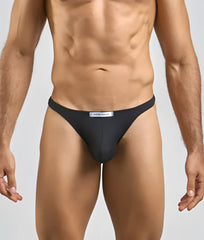Black justin and samson briefs with sleek form fitting design and subtle white brand label on the waistband