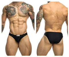 Black athletic briefs justin simon xsj01 classic bikini with small white brand tag on waistband