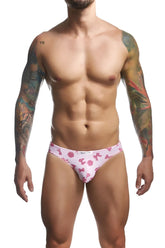 Pink briefs with pink bow and ribbon pattern and calvin klein waistband from justin simon xsj01 classic bikini color coquette