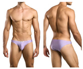 Lavender-colored smooth textured men’s briefs with subtle brand tag at waistband justin+simon xsj01 classic bikini lilac