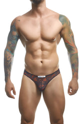 Black briefs with vibrant red and orange floral pattern featuring dare to wear label justin simon xsj01 classic bikini color lips