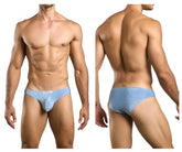 Light blue sparkly lurex fabric briefs with subtle logo on waistband from Justin+Simon classic bikini XSJ01 collection