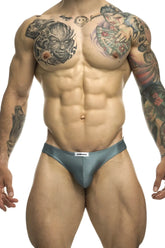 A sleek metallic gray athletic brief with subtle sheen and white brand tag at waistband from justin simon xsj01 classic bikini