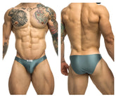 Teal satin briefs with a subtle sheen and a white brand tag at the waistband from justin simon xsj01 classic bikini