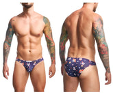 Dark blue justin simon xsj01 classic bikini swim trunks with colorful skull and floral pattern for men
