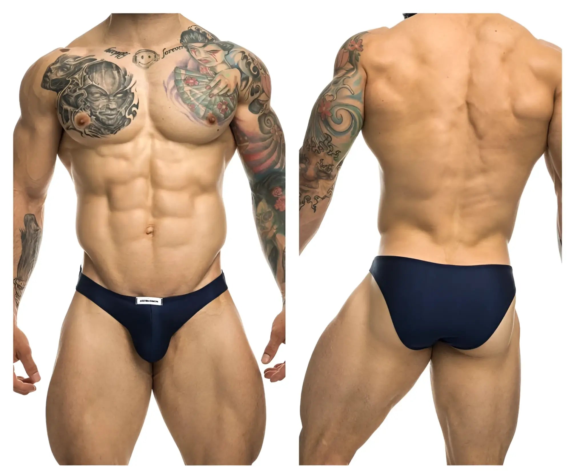 Navy blue classic bikini briefs by Justin Simon with a small white brand tag at the waistband for athletic wear