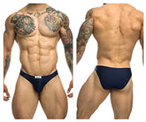 Navy blue classic bikini briefs by Justin Simon with a small white brand tag at the waistband for athletic wear