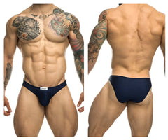 Navy blue classic bikini briefs by Justin Simon with a small white brand tag at the waistband for athletic wear