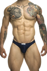Navy blue justin simon xsj01 classic bikini briefs with white waistband label for men in comfortable fabric