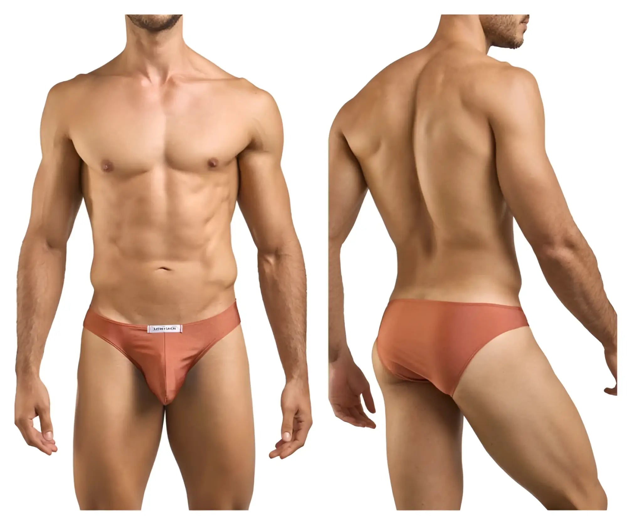 A sleek rust-colored justin simon xsj01 classic bikini brief with a smooth form-fitting design and white waistband label
