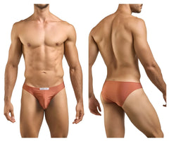 A sleek rust-colored justin simon xsj01 classic bikini brief with a smooth form-fitting design and white waistband label