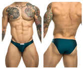 Teal JUSTIN+SIMON XSJ01 classic bikini briefs with a small white brand tag at the waistband in opal green color