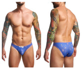 Blue patterned men’s briefs justin simon xsj01 classic bikini with tropical bird and leaf design