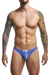 Blue patterned men’s briefs with a small white waistband label from JUSTIN+SIMON XSJ01 classic bikini color party collection