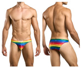 Rainbow-striped men’s briefs with jds branding from justin simon classic bikini color pride flag collection