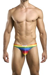 Rainbow-striped men’s briefs with a snug fit and elastic waistband in justin simon xsj01 classic bikini color pride flag design
