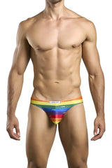 Rainbow-striped men’s briefs with a snug fit and elastic waistband in justin simon xsj01 classic bikini color pride flag design