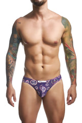 Purple patterned briefs featuring a repeating circular logo design by justin simon classic bikini color pride