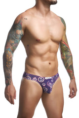 Purple patterned classic bikini briefs with repeating justin simon logo design for color pride collection