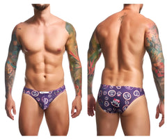 Purple patterned swim trunks by justin simon featuring circular love win and thank you day logos in classic bikini style