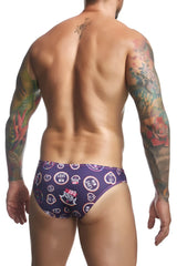 Purple patterned swim trunks with love win pride day text and heart motifs from JUSTIN+SIMON classic bikini color pride