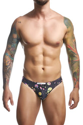 Black men’s briefs justin simon xsj01 classic bikini with vibrant cosmic pattern featuring colorful skulls planets and smiley faces